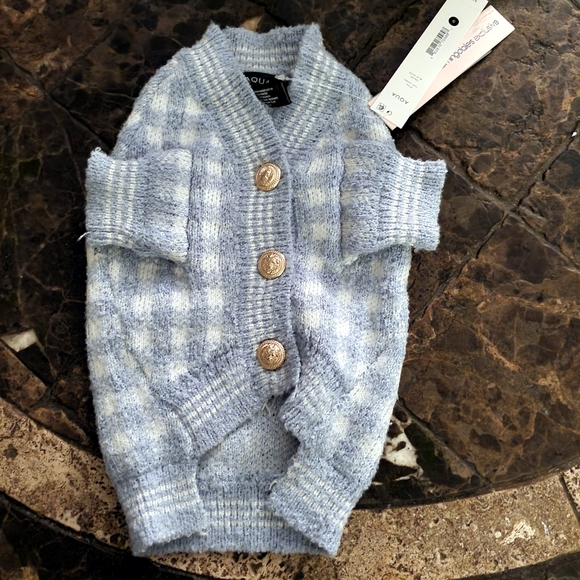 Bloomingdales Aqua light blue plaid gold buttons dog Cardigan sweater xs & s NWT - Picture 5 of 6